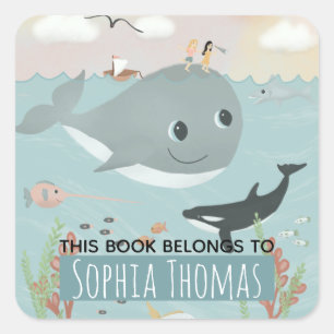 'This Book Belongs' Ocean Whale Kids Bookplate Square Sticker