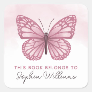'This Book Belongs' Pink Butterfly Kids Bookplate Square Sticker