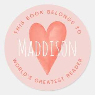 'This Book Belongs' Pink Heart Kids Bookplate Classic Round Sticker