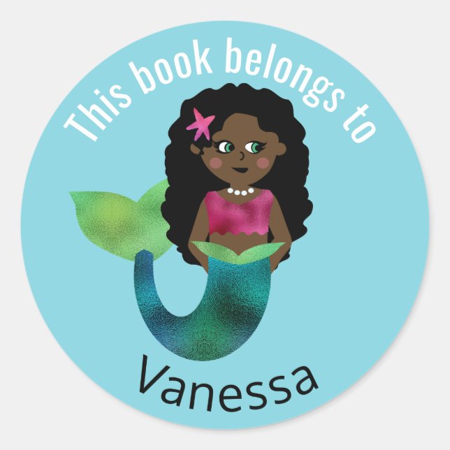 This Book Belongs To African American Mermaid Girl Classic Round Sticker (Front)