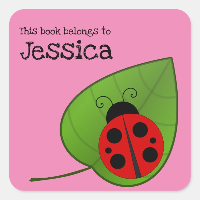 This Book Belongs to Bookplate Pink Name & Ladybug Square Sticker (Front)