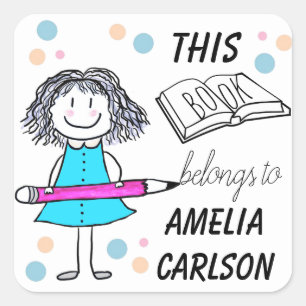 This Book Belongs To Cartoon Girl Custom Square Sticker