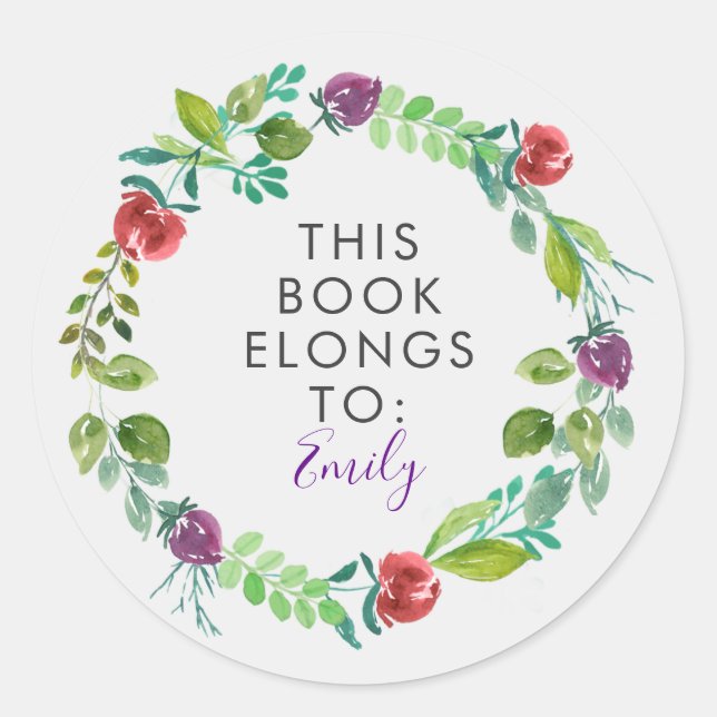This Book Belongs to, Colourful Floral Wreath Classic Round Sticker (Front)