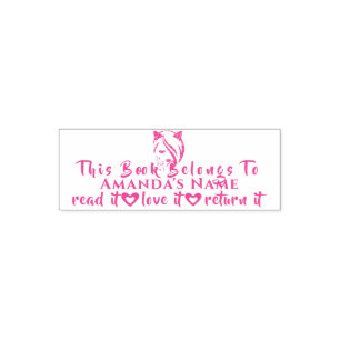 This Book Belongs To Custom Name Girly Cat Pink Self-inking Stamp