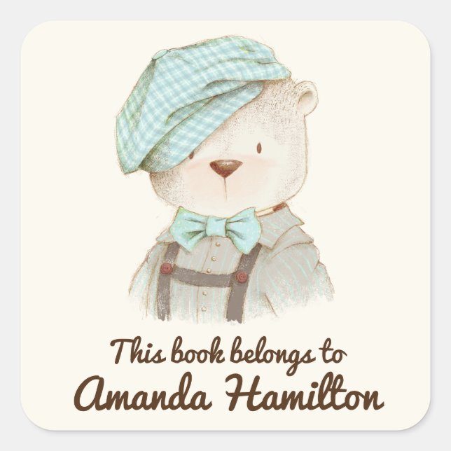 THIS BOOK BELONGS TO CUTE BEAR GINGHAM HAT SQUARE STICKER (Front)