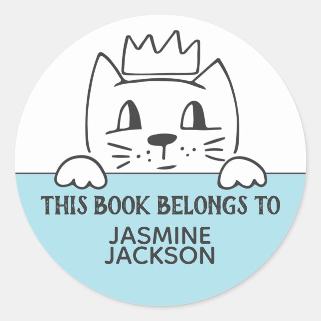 This book belongs to cute cat w/ crown blue white classic round sticker (Front)
