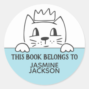 This book belongs to cute cat w/ crown blue white classic round sticker