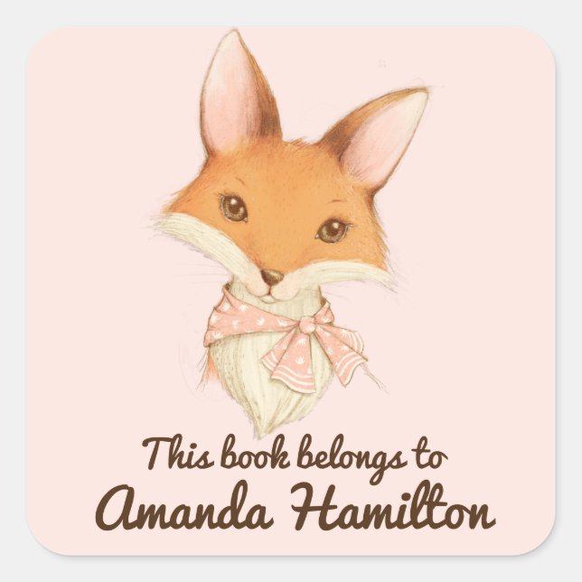 THIS BOOK BELONGS TO CUTE FOX WITH PINK DOTTED BOW SQUARE STICKER (Front)