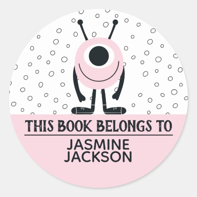 This book belongs to cute light pink fun monster classic round sticker (Front)