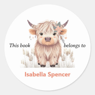 This Book Belongs To Cute Modern Highland Cow Classic Round Sticker