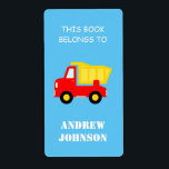 This book belongs to dump truck bookplate labels<br><div class="desc">This book belongs to kids dump truck book labels. Personalised school supplies for children. Cute dumptruck toy design for boys and girls in grammar or elementary school. Add your own name to this template sticker with construction vehicle. Custom colour background.</div>