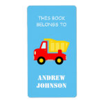 This book belongs to dump truck bookplate labels<br><div class="desc">This book belongs to kids dump truck book labels. Personalised school supplies for children. Cute dumptruck toy design for boys and girls in grammar or elementary school. Add your own name to this template sticker with construction vehicle. Custom colour background.</div>