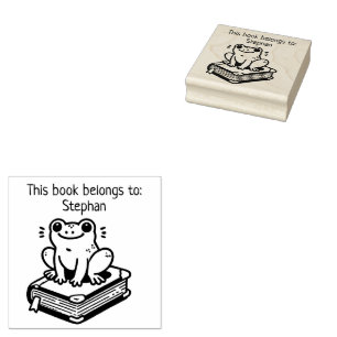 This Book Belongs To" Frog on Book Rubber Stamp