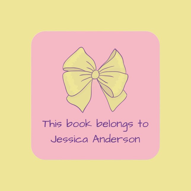 This Book Belongs to Girl's Name Bow Pink Yellow Square Sticker (Creator Uploaded)
