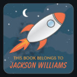 This Book Belongs To Kids Square Sticker<br><div class="desc">This Book Belongs To Kids Square Sticker has a cool rocket ship design over a blue background. It is great to label books and school supplies this back-to-school. Add your child's name and change the words in text if you need to. Design by Ana Garza/Kardz Studio. If you have any...</div>
