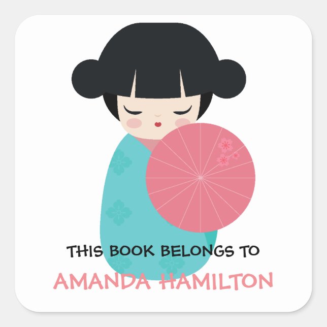 THIS BOOK BELONGS TO Kokeshi Doll Japanese Geisha Square Sticker (Front)
