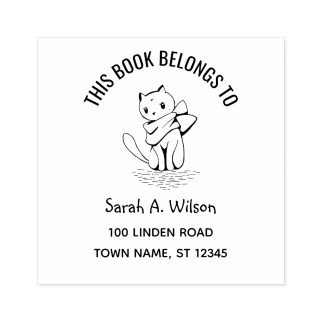 This Book Belongs to Name Address Bookplate Cat Rubber Stamp (Imprint)