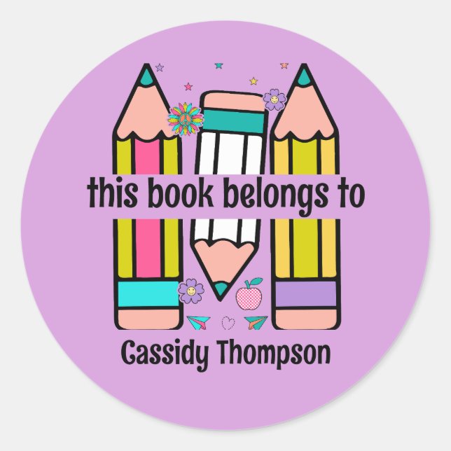 This book belongs to pencil kids bookplate classic round sticker (Front)