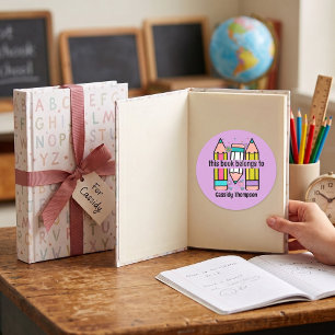 This book belongs to pencil kids bookplate classic round sticker