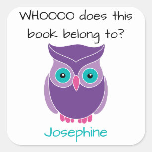 This Book Belongs To Personalised Purple Owl Kids Square Sticker