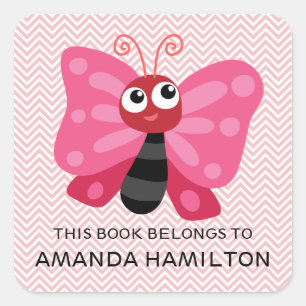 THIS BOOK BELONGS TO PINK CUTE BUTTERFLY SQUARE STICKER