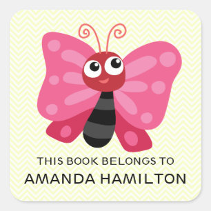 THIS BOOK BELONGS TO PINK CUTE BUTTERFLY Yellow Square Sticker