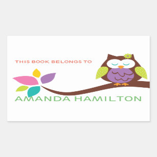 THIS BOOK BELONGS TO PINK CUTE OWL ON A BRANCH RECTANGULAR STICKER
