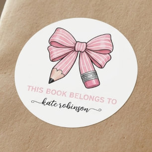 This book belongs to Pink Cute School Pencil Bow Classic Round Sticker