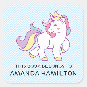 THIS BOOK BELONGS TO PINK CUTE UNICORN Blue Square Sticker