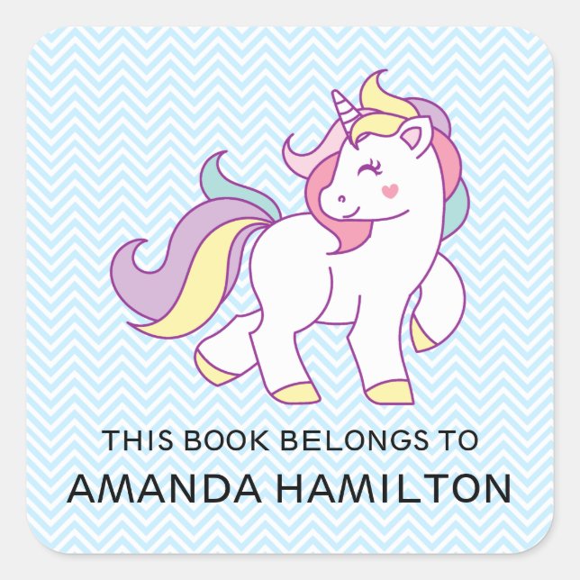 THIS BOOK BELONGS TO PINK CUTE UNICORN Blue Square Sticker (Front)