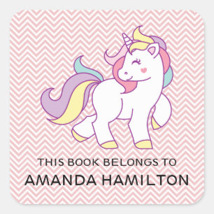 THIS BOOK BELONGS TO PINK CUTE UNICORN SQUARE STICKER