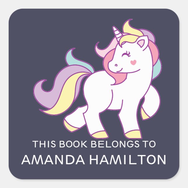 THIS BOOK BELONGS TO PINK CUTE UNICORN SQUARE STICKER (Front)