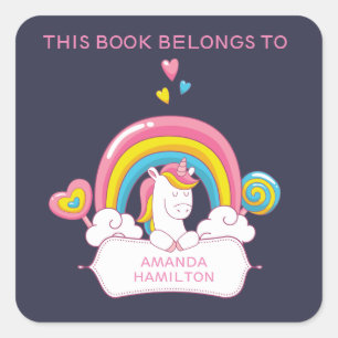 THIS BOOK BELONGS TO PINK TRENDY UNICORN RAINBOW SQUARE STICKER