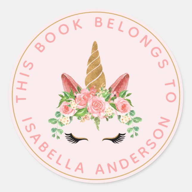This Book Belongs To Pink Unicorn Bookplate Classic Round Sticker (Front)