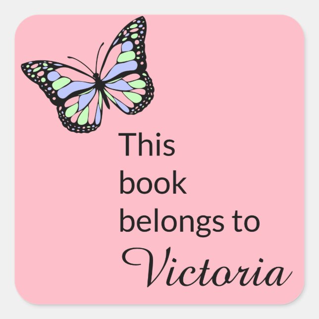 This Book Belongs to PInk with Butterfly Square Sticker (Front)