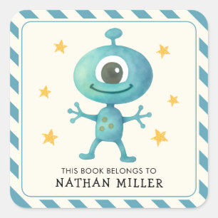This Book Belongs To Space Alien Kid's Bookplate Square Sticker