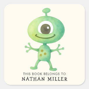 This Book Belongs To Space Alien Kid's Bookplate Square Sticker