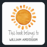 This Book Belongs To- Sunshine Personalised  Square Sticker<br><div class="desc">Whimsical yellow sunshine sticker. Customisable.</div>