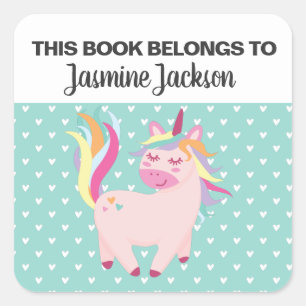 This book belongs to w/ rainbow unicorn & hearts square sticker
