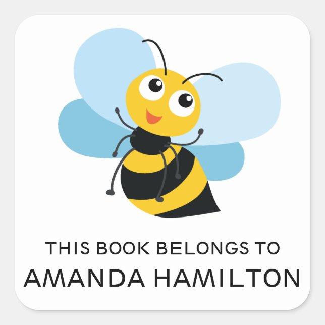 THIS BOOK BELONGS TO YELLOW CUTE BEE SQUARE STICKER (Front)