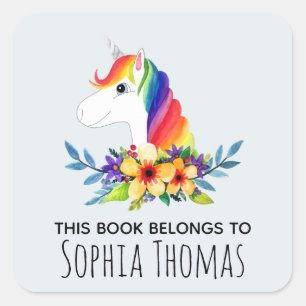 'This Book Belongs' Unicorn Name Kids Bookplate Square Sticker