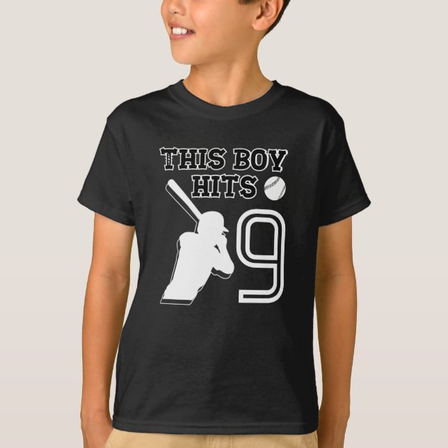 This boy hits 9 – baseball 9h birthday  T-Shirt (Front)