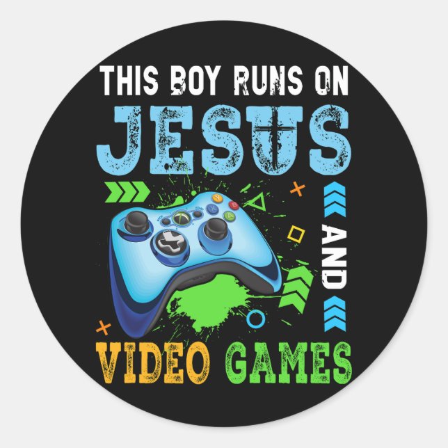This Boy Runs On Jesus And Video Games Christian G Classic Round Sticker (Front)