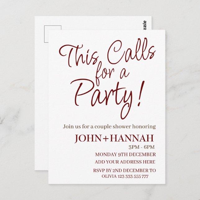  This Calls For a Party Funny Co-ed Couple Shower  Postcard (Front/Back)
