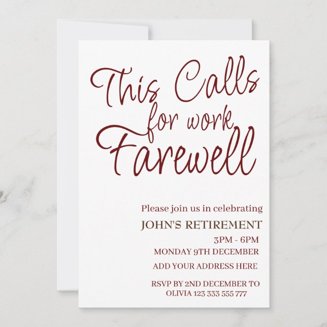 This Calls For Work Farewell Custom Retirement  Invitation (Front)