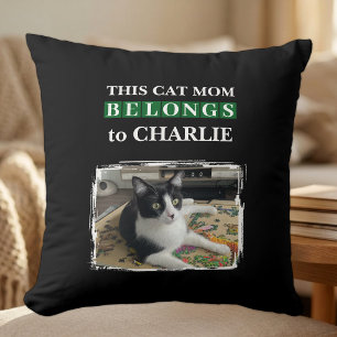 This cat mum belongs to name photo black green cushion