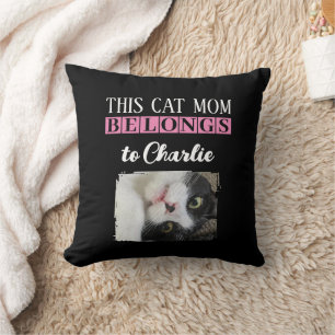 This cat mum belongs to name photo black pink cushion