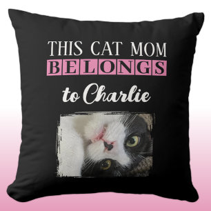 This cat mum belongs to name photo black pink cushion