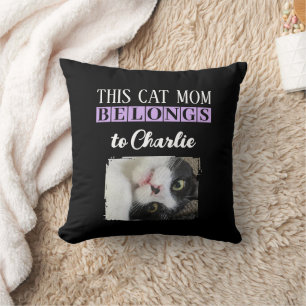 This cat mum belongs to name photo black purple cushion