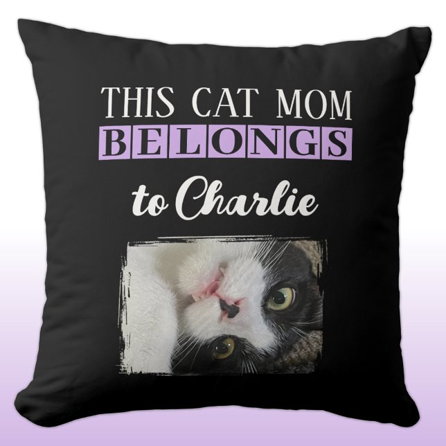 This cat mum belongs to name photo black purple cushion (Creator Uploaded)